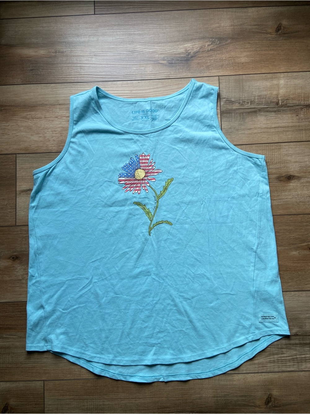Life Is Good Light Blue Tank with Embroidered Patriotic Daisy